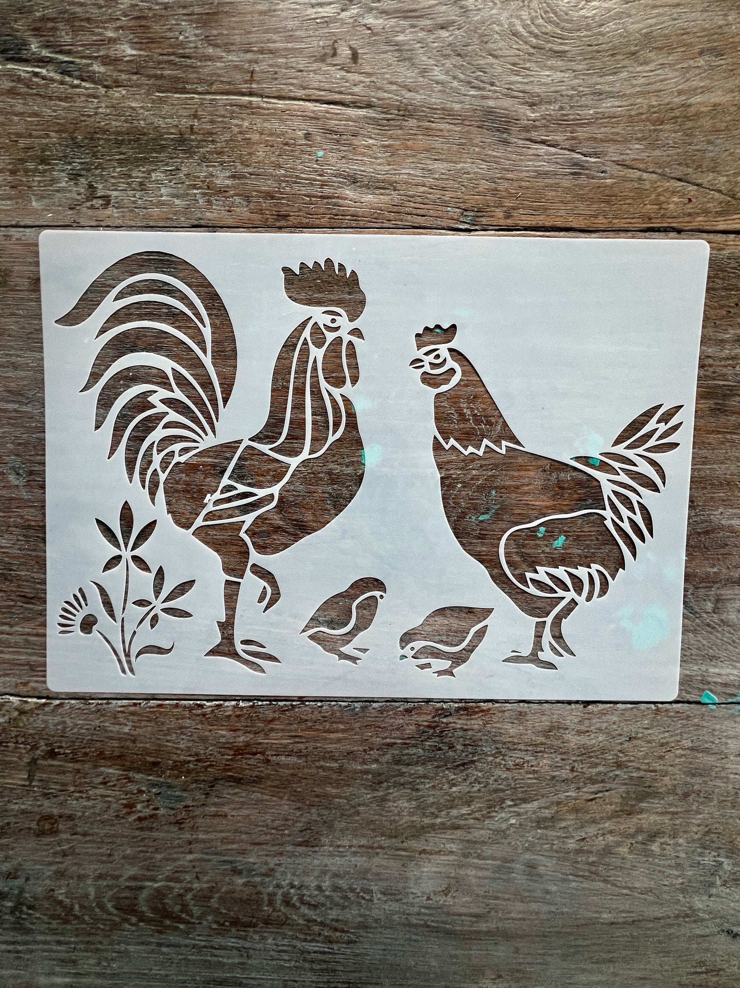 Stencil-Rooster, Hen & chicks A4