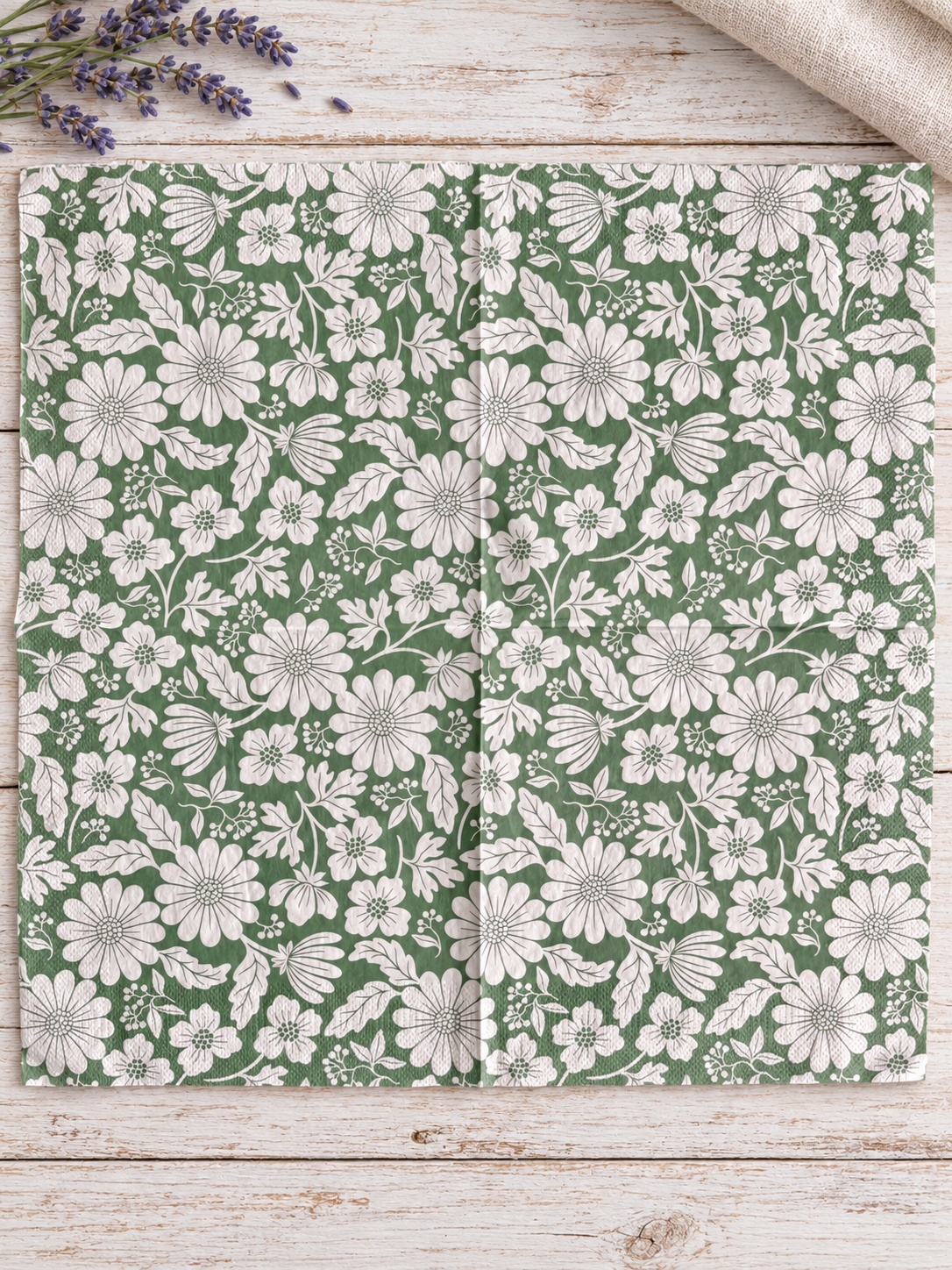 Napkin-White Floral on Green-French Collection