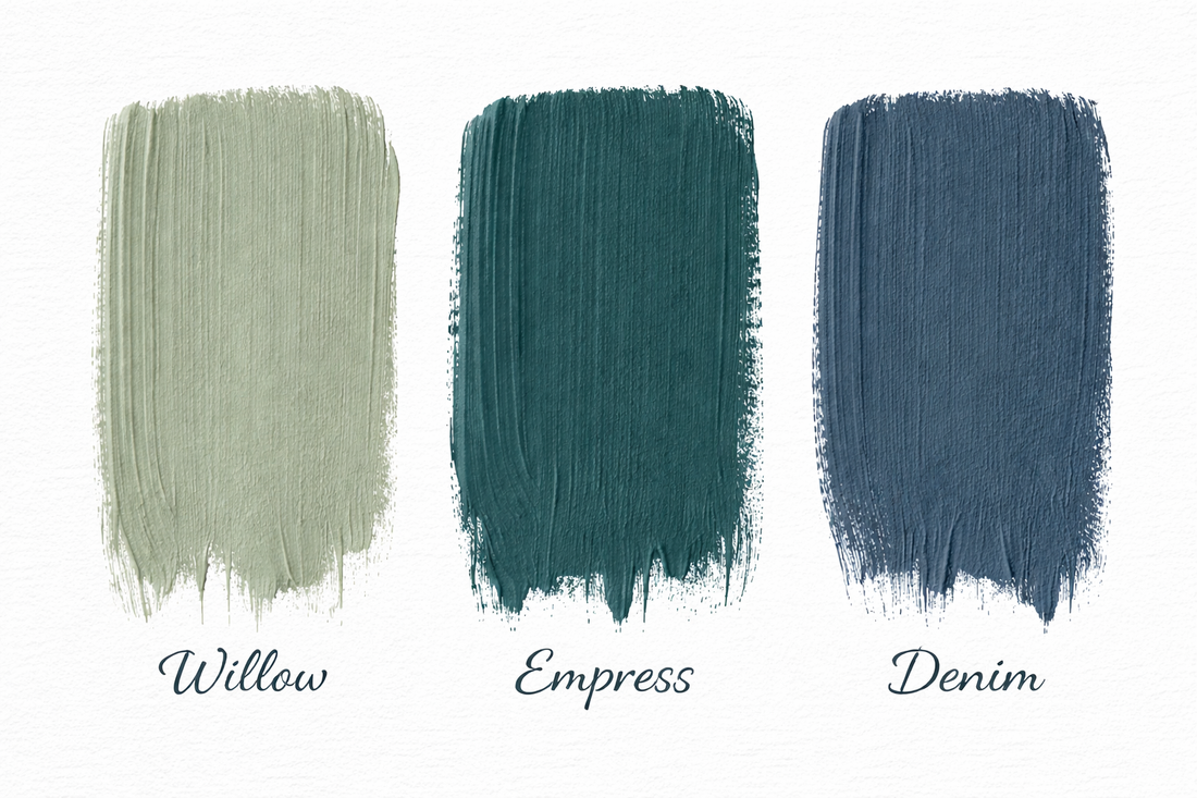 Newton's Paints new chalk paint colours - Willow, Empress and Denim swatches