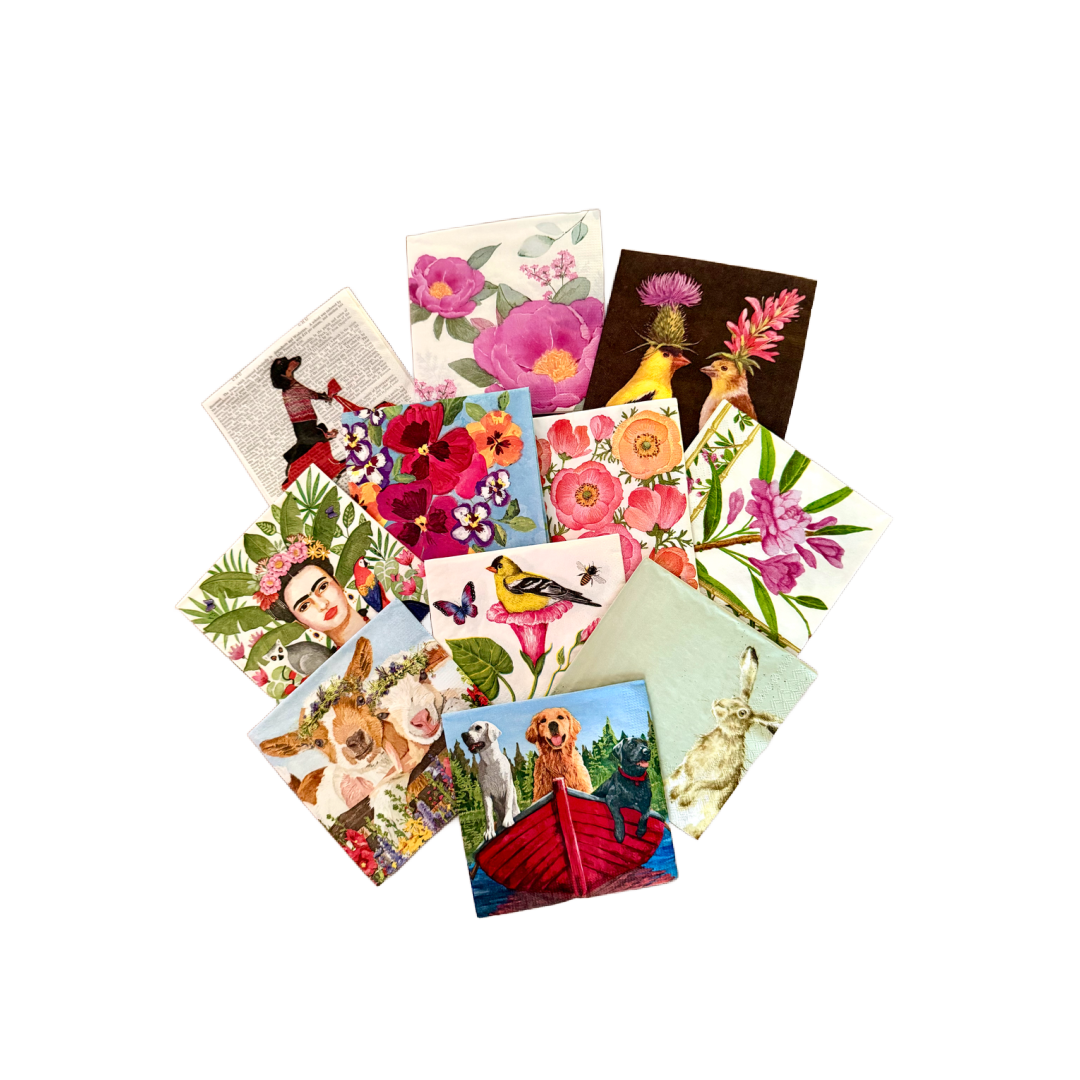 Designer decoupage napkins collection featuring floral, coastal and vintage European patterns for furniture upcycling and DIY craft projects