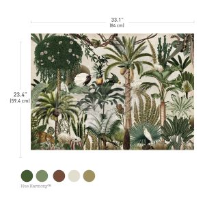Jungle-themed paper with dimensions and color swatches on a white background