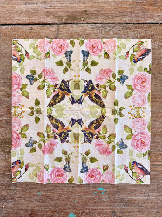 Napkin Bird, Butterflies, Pink Roses