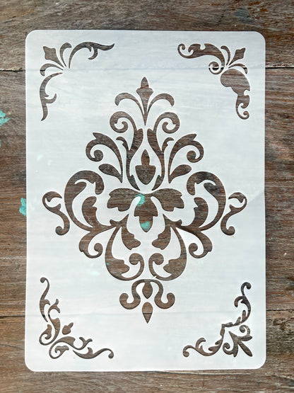 Stencil-French Floral with corners A4