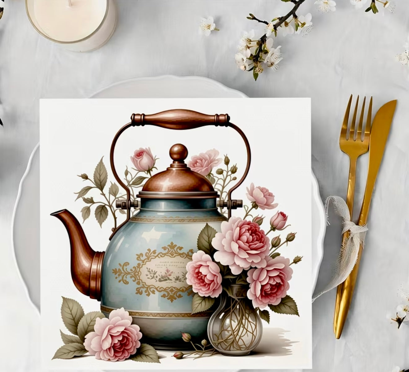Linen tex Napkin- Teapot florals