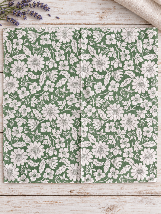 Napkin-White Floral on Green-French Collection