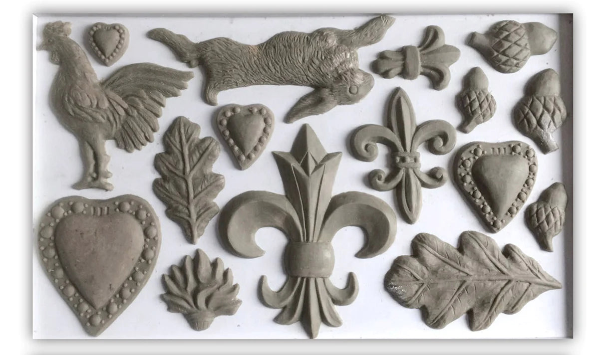 IOD Mould- FLEUR DE LIS,HARE, ACORNS ROOSTER