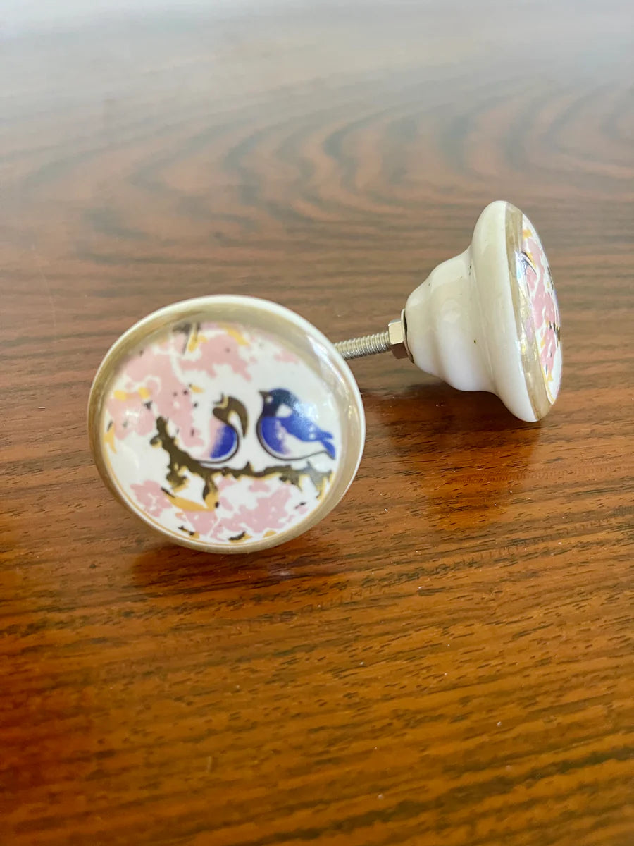 LAST ONE:Porcelain Knobs-2 Birds on Apple blossom branch